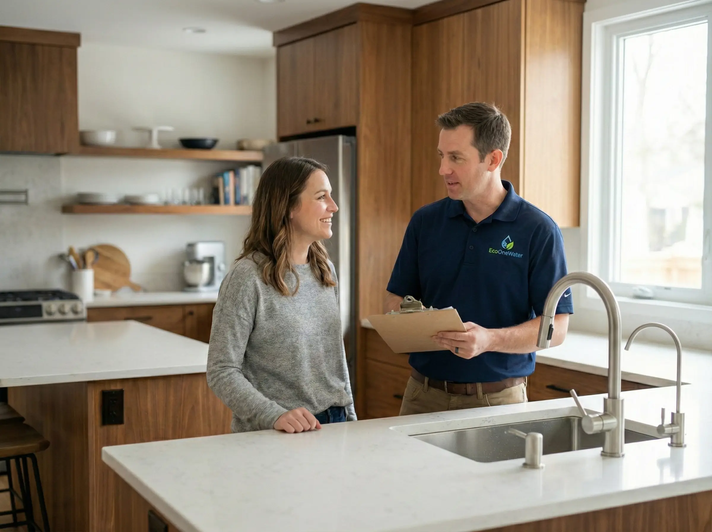 Eco One Water technician talking with a homeowner at a kitchen sink during a water test consultation.